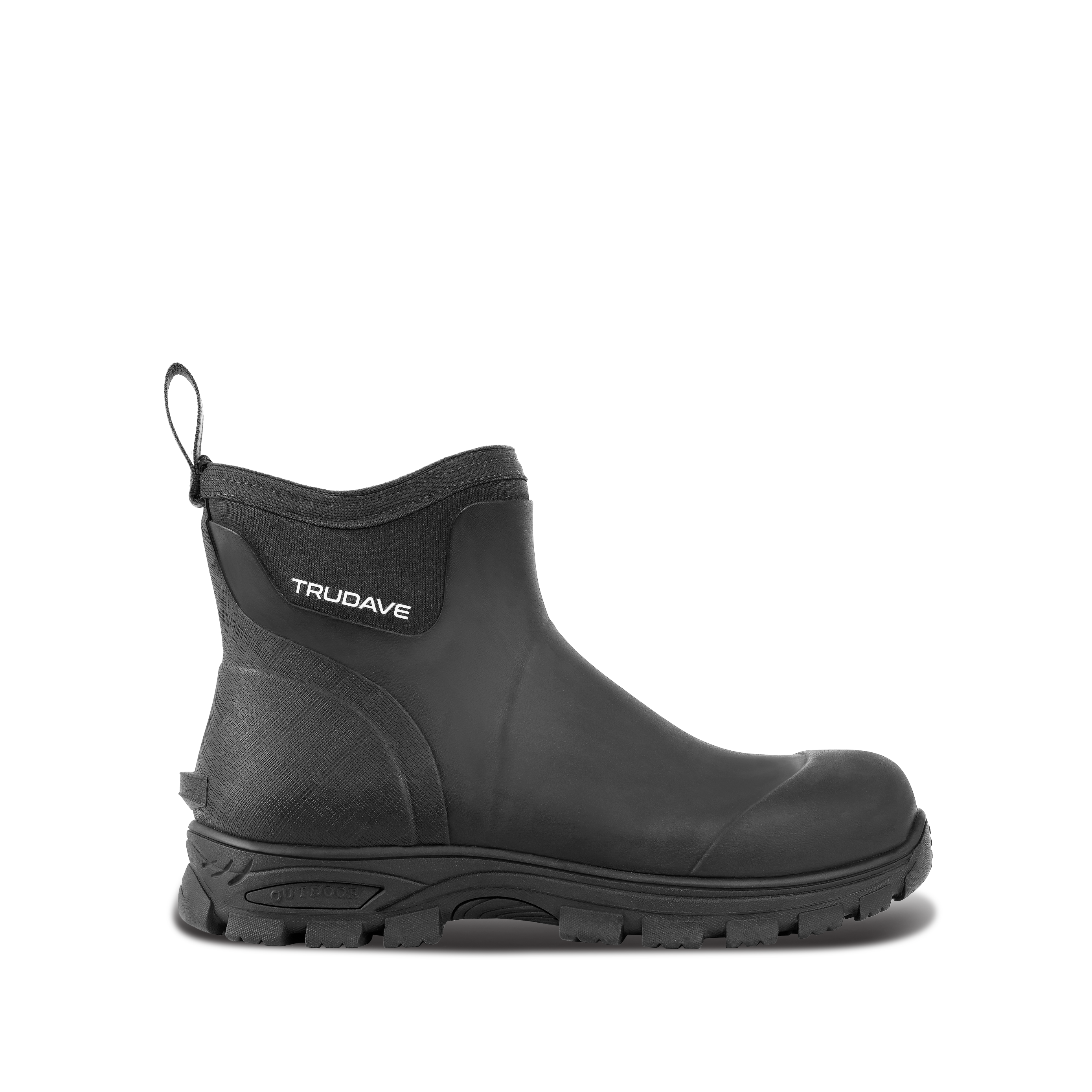 Side view of Trudave HuntGuard Series men’s waterproof ankle rubber rain boots in black showing durable waterproof shell and non-slip sole for garden and outdoor work